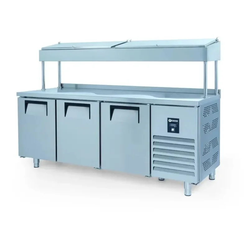 ICEINOX PTS-H 440 CR პიცის მაგიდა მაცივარი – 3 კარიანი მოდელი, მაღალი ზურგით და R-134 ფრეონით
